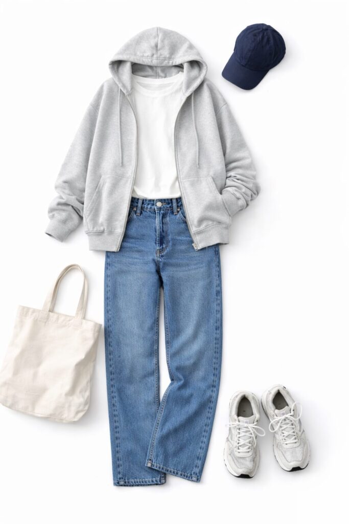 パーカー、白シャツ、デニムのパンツ、キャップ