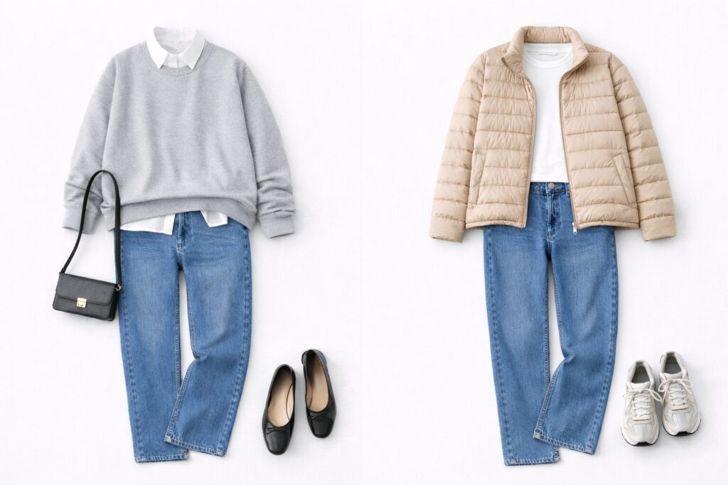 ニット、襟付きのシャツとデニムのパンツ、ライトダウン、白シャツとデニムのパンツ、コーディネート