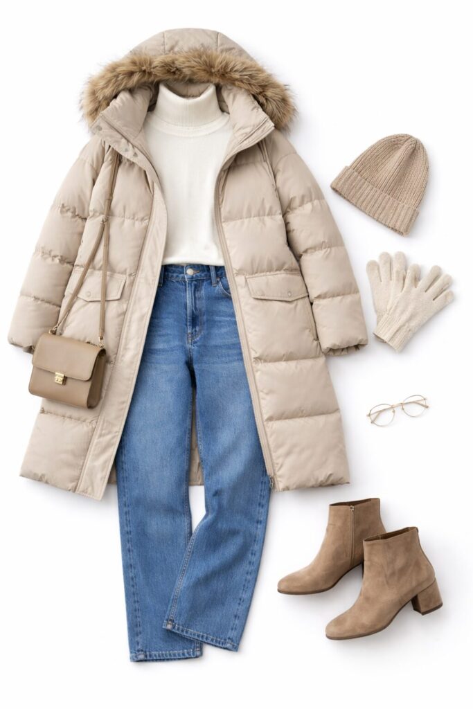 ロングダウンコート、ニット、デニム、帽子や手袋