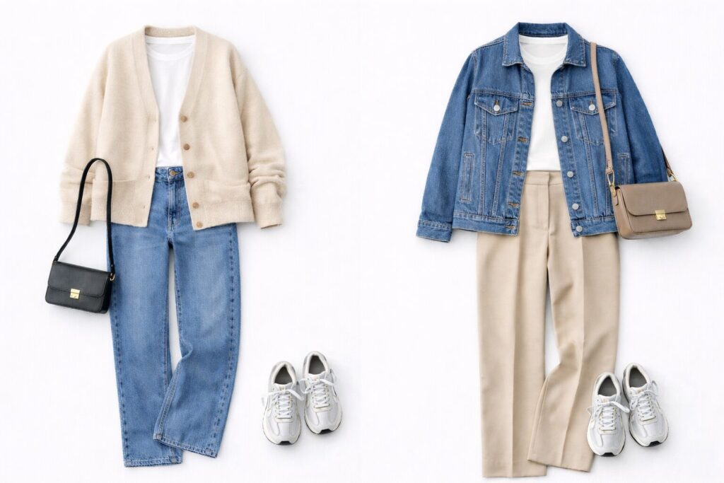 カーディガンとデニム、デニムジャケットとスラックス